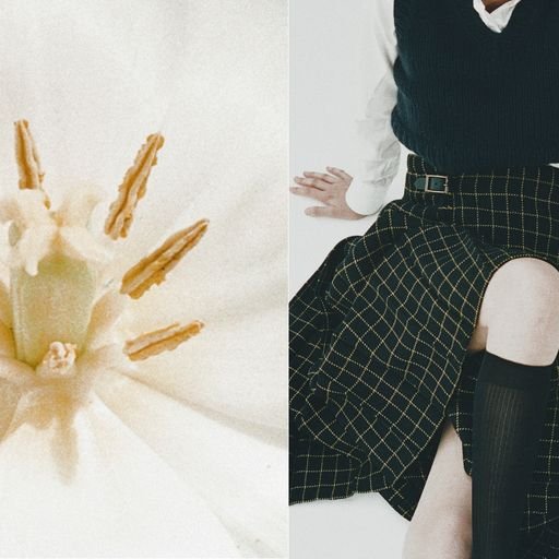 An abstract collage featuring an image of a model wearing a kilt and a close up image of a yellow flower