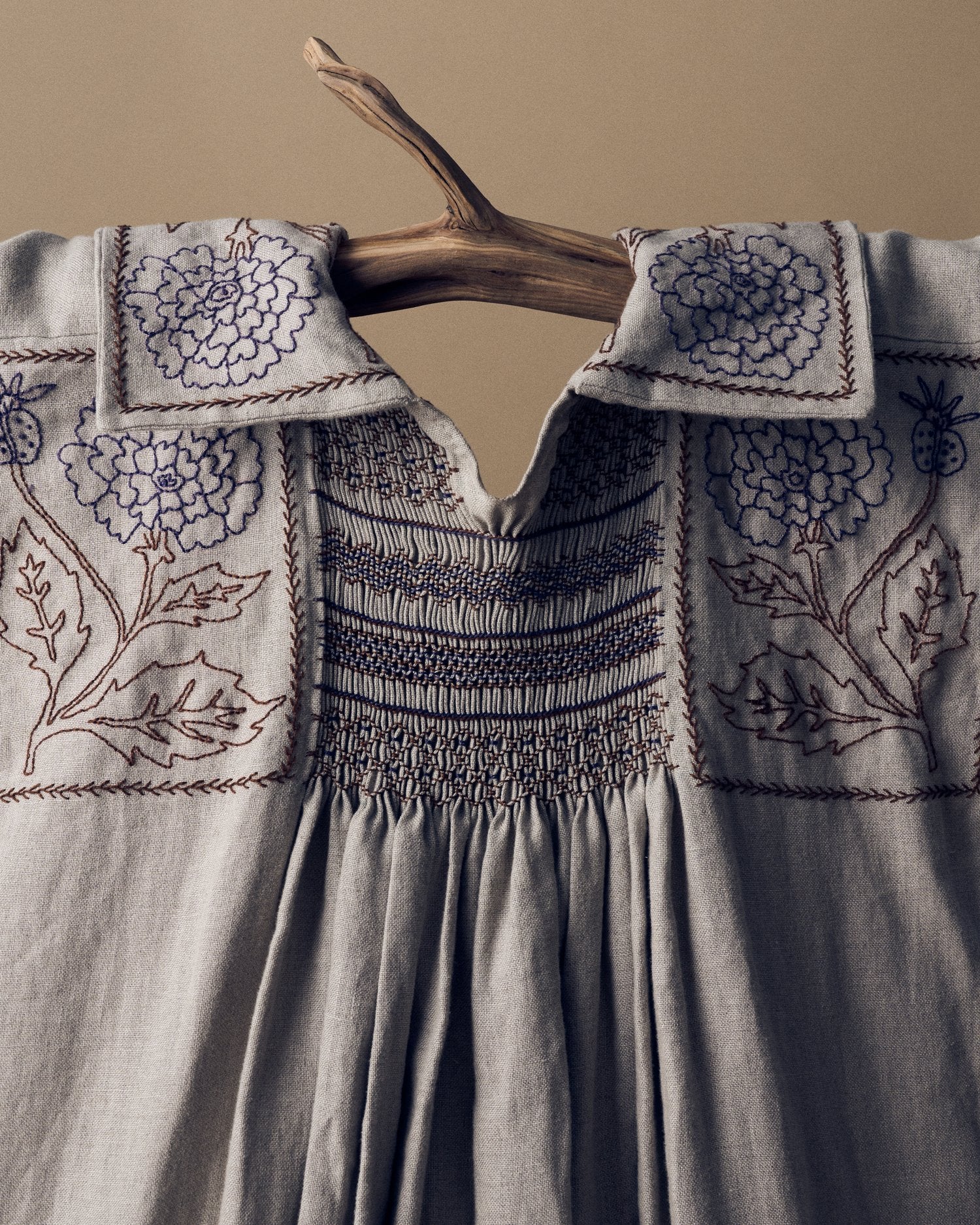 Close up image of smocking and embroidery detailing on a dress.