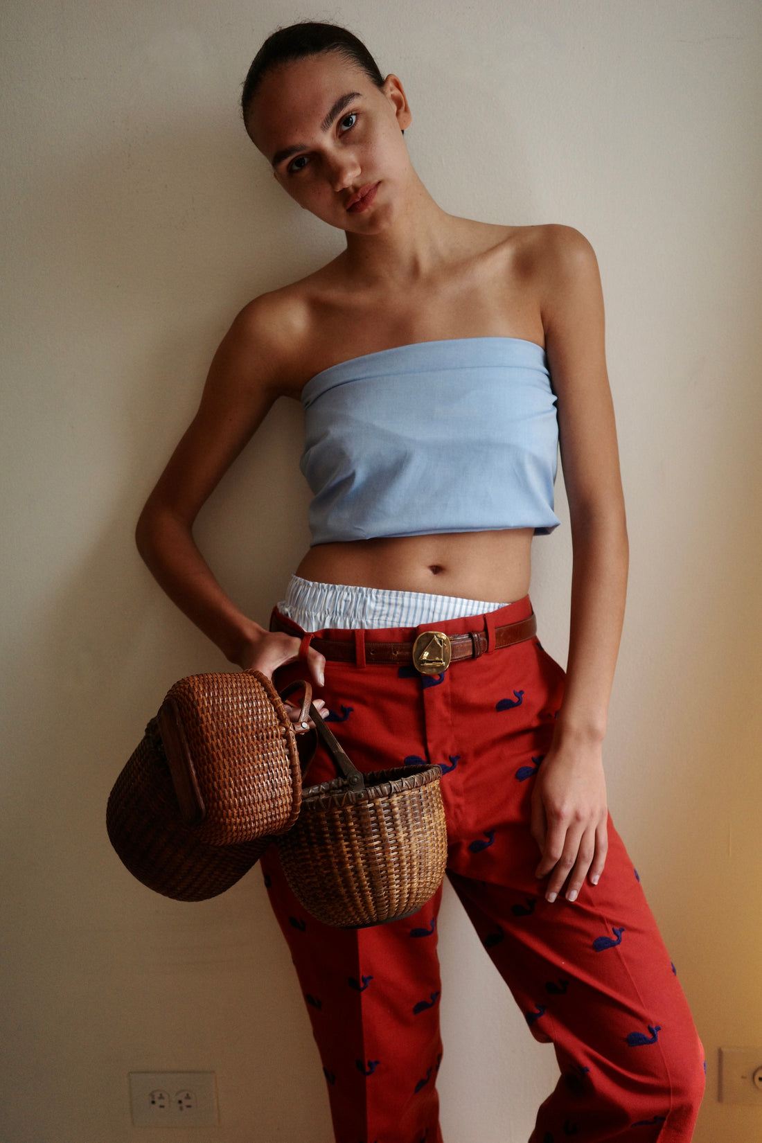 Vintage Embroidered Whale Red Trouser