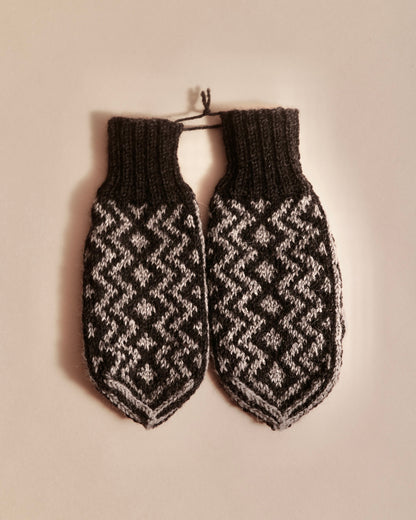 Pair of knitted mittens with a geometric pattern on a beige background