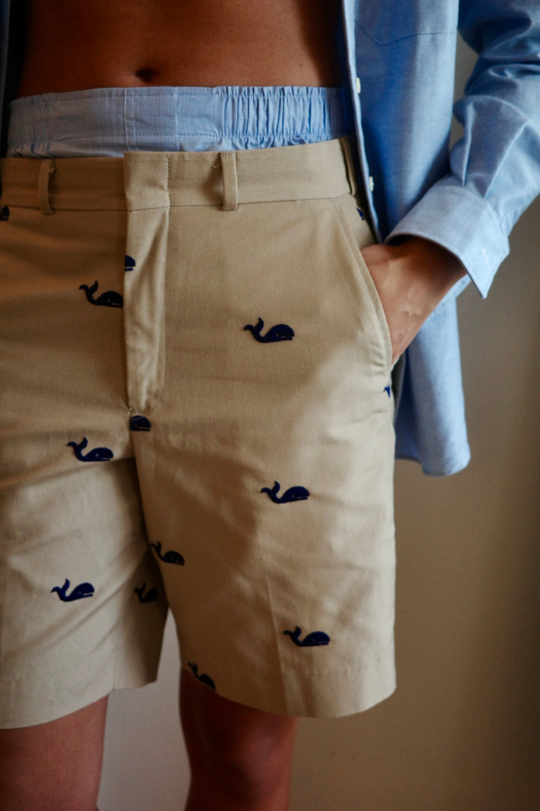 Close up of hand in pocket of khaki shorts